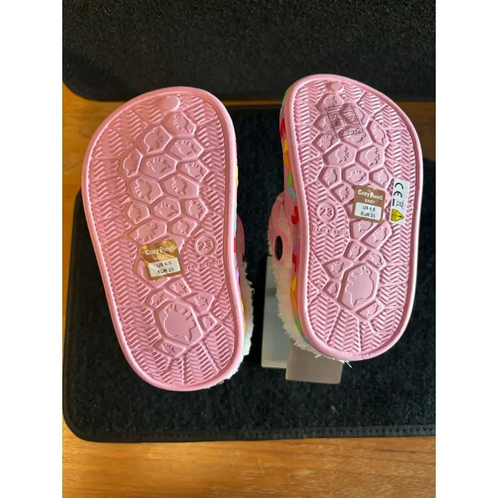 Girls Light Up Unicorn Clogs Size 6.5 Kids Pink Fuzzy Lined Slip On